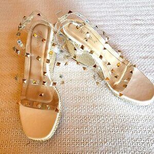 Nature Breeze Sz. 8.5 Clear Studded 4" Heeled Espadrilles Buckled Sandal